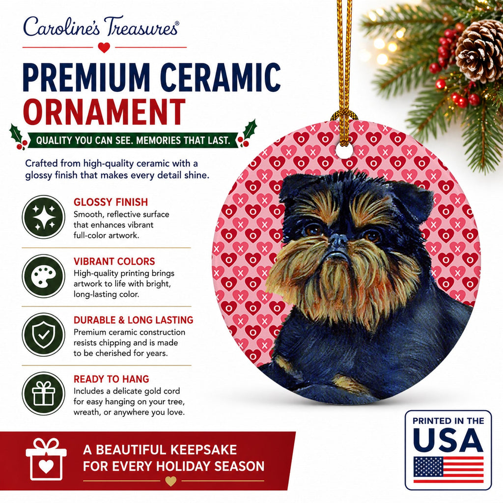 Brussels Griffon Hearts Love and Valentine's Day Portrait Ceramic Ornament Christmas Tree Hanging Decorations for Home Christmas Holiday, Party, Gift, 3 in, Multicolor