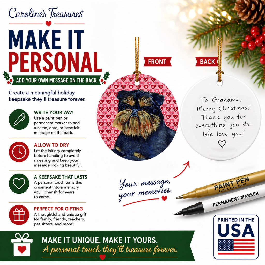 Brussels Griffon Hearts Love and Valentine's Day Portrait Ceramic Ornament Christmas Tree Hanging Decorations for Home Christmas Holiday, Party, Gift, 3 in, Multicolor