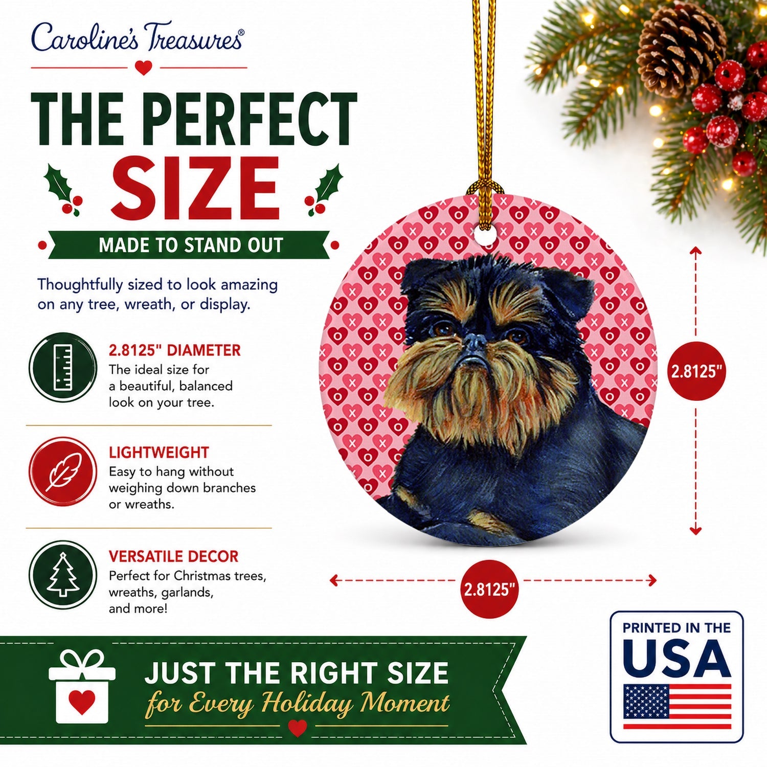 Brussels Griffon Hearts Love and Valentine's Day Portrait Ceramic Ornament Christmas Tree Hanging Decorations for Home Christmas Holiday, Party, Gift, 3 in, Multicolor