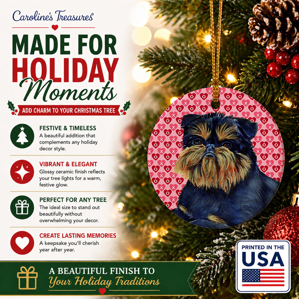Brussels Griffon Hearts Love and Valentine's Day Portrait Ceramic Ornament Christmas Tree Hanging Decorations for Home Christmas Holiday, Party, Gift, 3 in, Multicolor