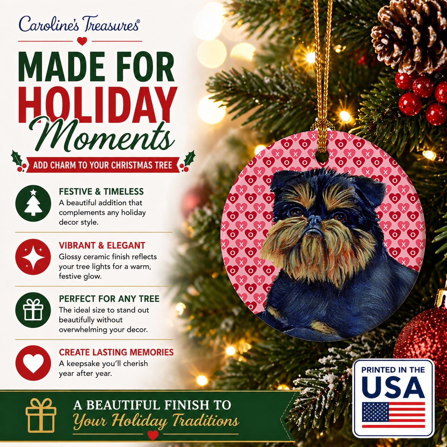 Brussels Griffon Hearts Love and Valentine's Day Portrait Ceramic Ornament Christmas Tree Hanging Decorations for Home Christmas Holiday, Party, Gift, 3 in, Multicolor