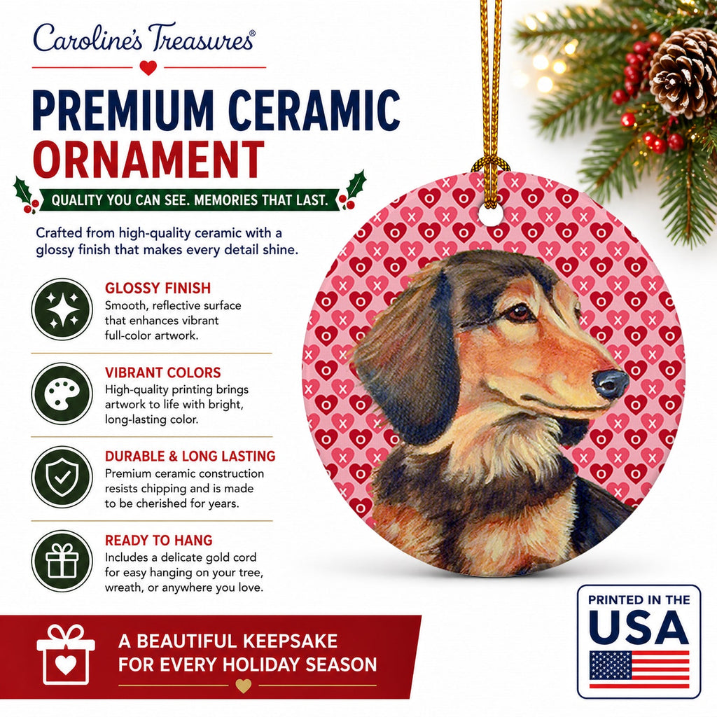 Dachshund Hearts Love and Valentine's Day Portrait Ceramic Ornament Christmas Tree Hanging Decorations for Home Christmas Holiday, Party, Gift, 3 in, Multicolor