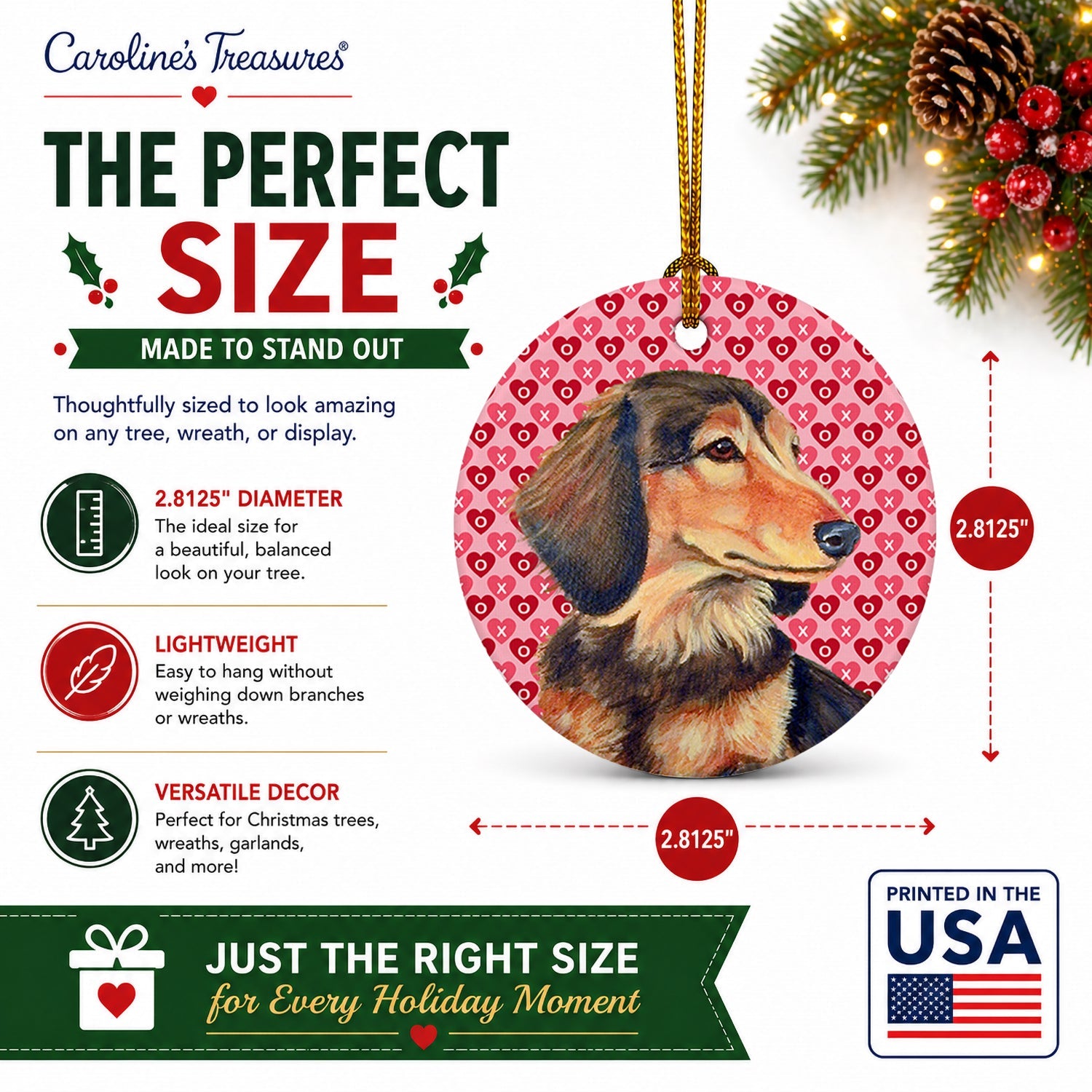 Dachshund Hearts Love and Valentine's Day Portrait Ceramic Ornament Christmas Tree Hanging Decorations for Home Christmas Holiday, Party, Gift, 3 in, Multicolor