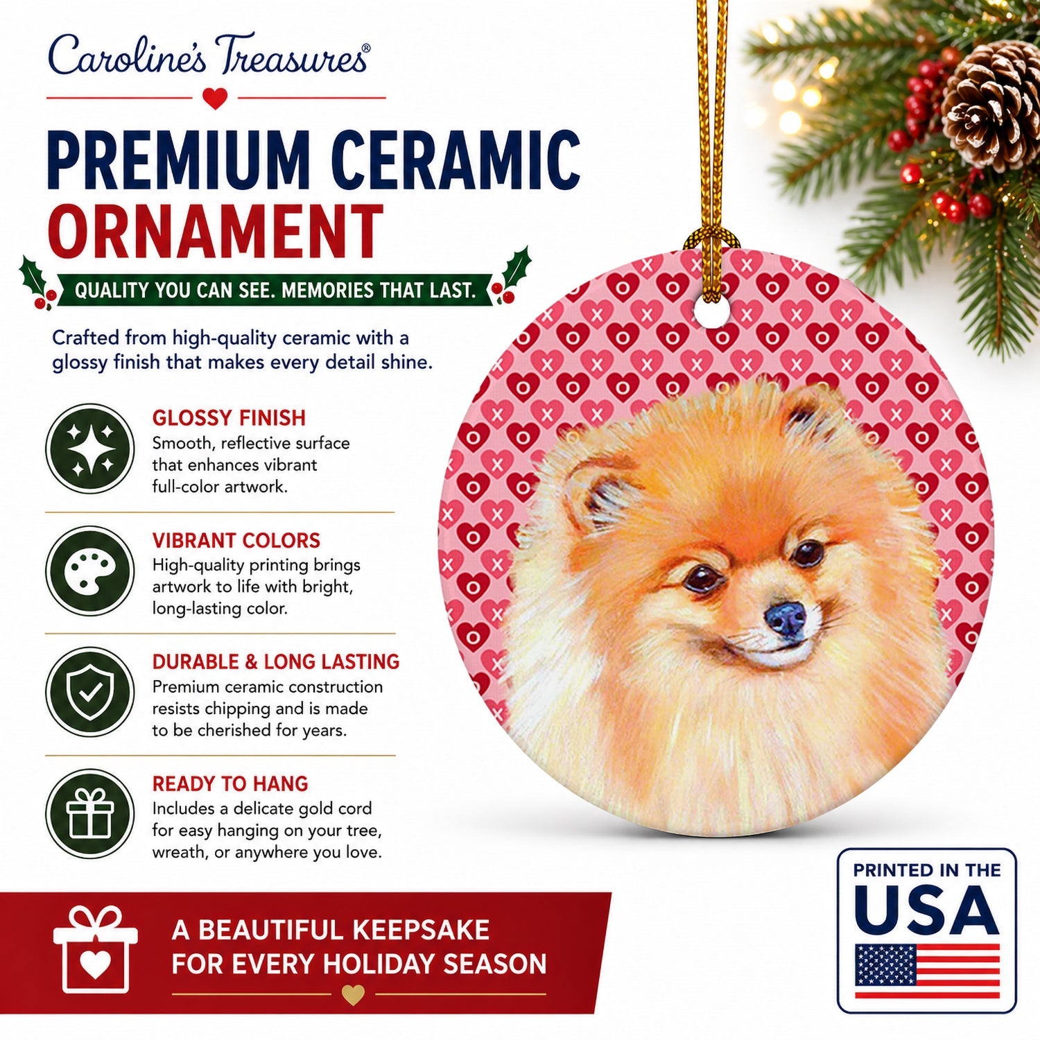 Pomeranian Hearts Love and Valentine's Day Portrait Ceramic Ornament Christmas Tree Hanging Decorations for Home Christmas Holiday, Party, Gift, 3 in, Multicolor