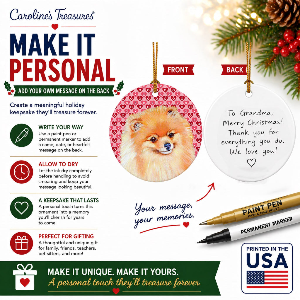 Pomeranian Hearts Love and Valentine's Day Portrait Ceramic Ornament Christmas Tree Hanging Decorations for Home Christmas Holiday, Party, Gift, 3 in, Multicolor