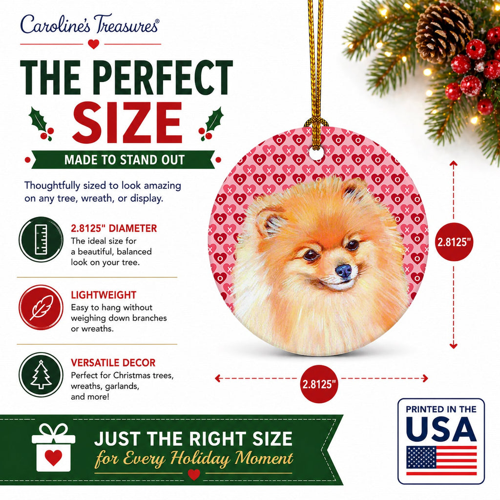 Pomeranian Hearts Love and Valentine's Day Portrait Ceramic Ornament Christmas Tree Hanging Decorations for Home Christmas Holiday, Party, Gift, 3 in, Multicolor