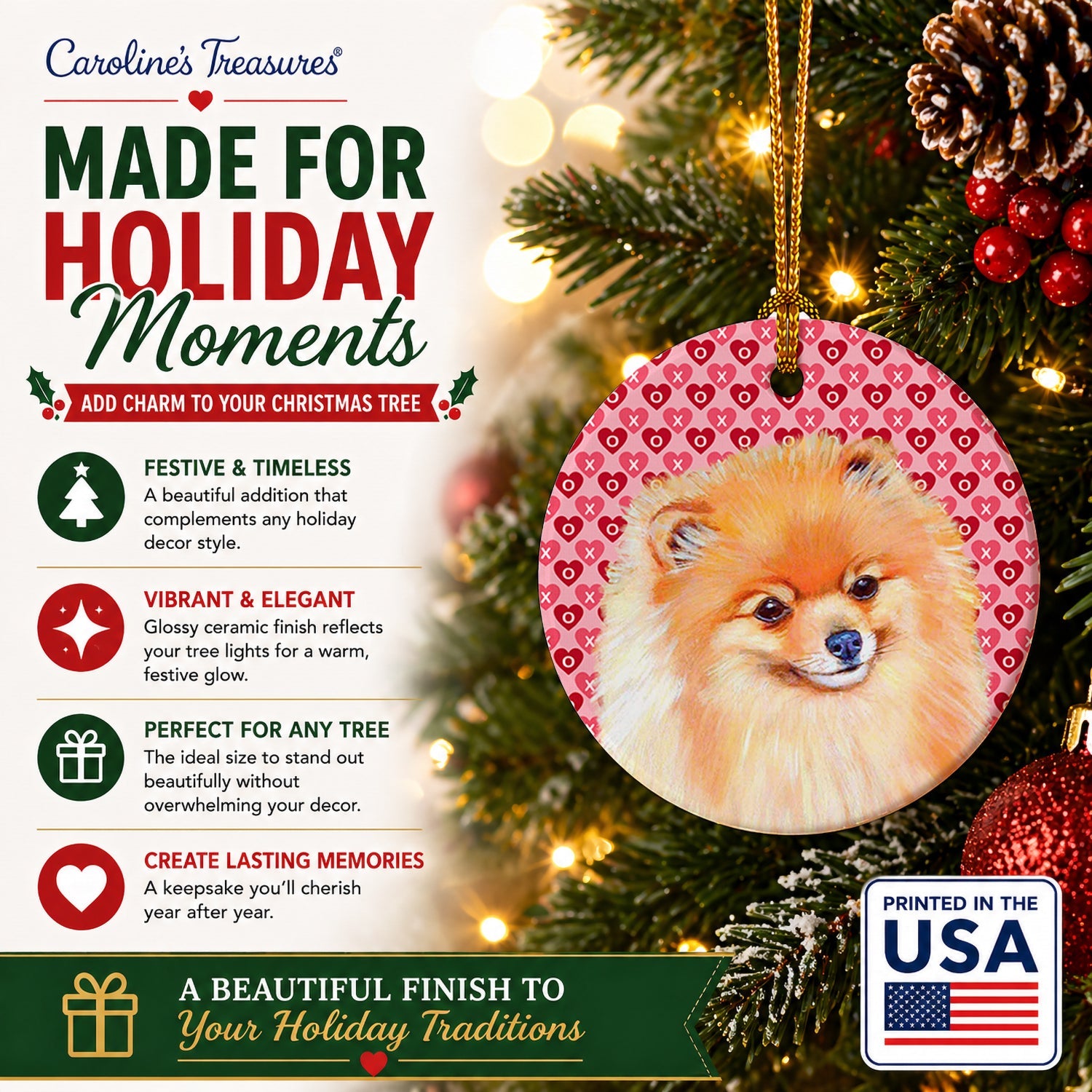 Pomeranian Hearts Love and Valentine's Day Portrait Ceramic Ornament Christmas Tree Hanging Decorations for Home Christmas Holiday, Party, Gift, 3 in, Multicolor