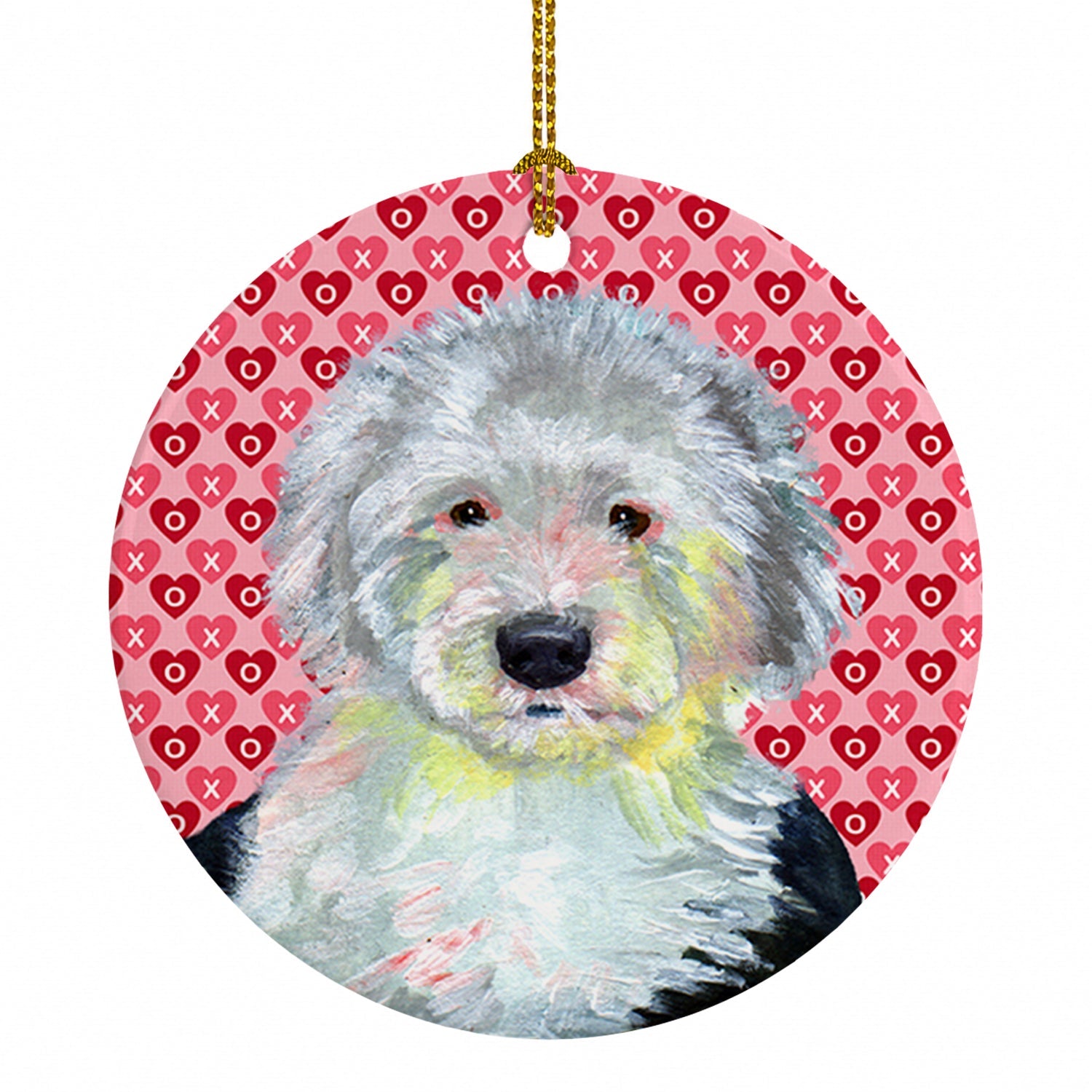 Old English Sheepdog Hearts Love and Valentine's Day Portrait Ceramic Ornament Christmas Tree Hanging Decorations for Home Christmas Holiday, Party, Gift, 3 in, Multicolor