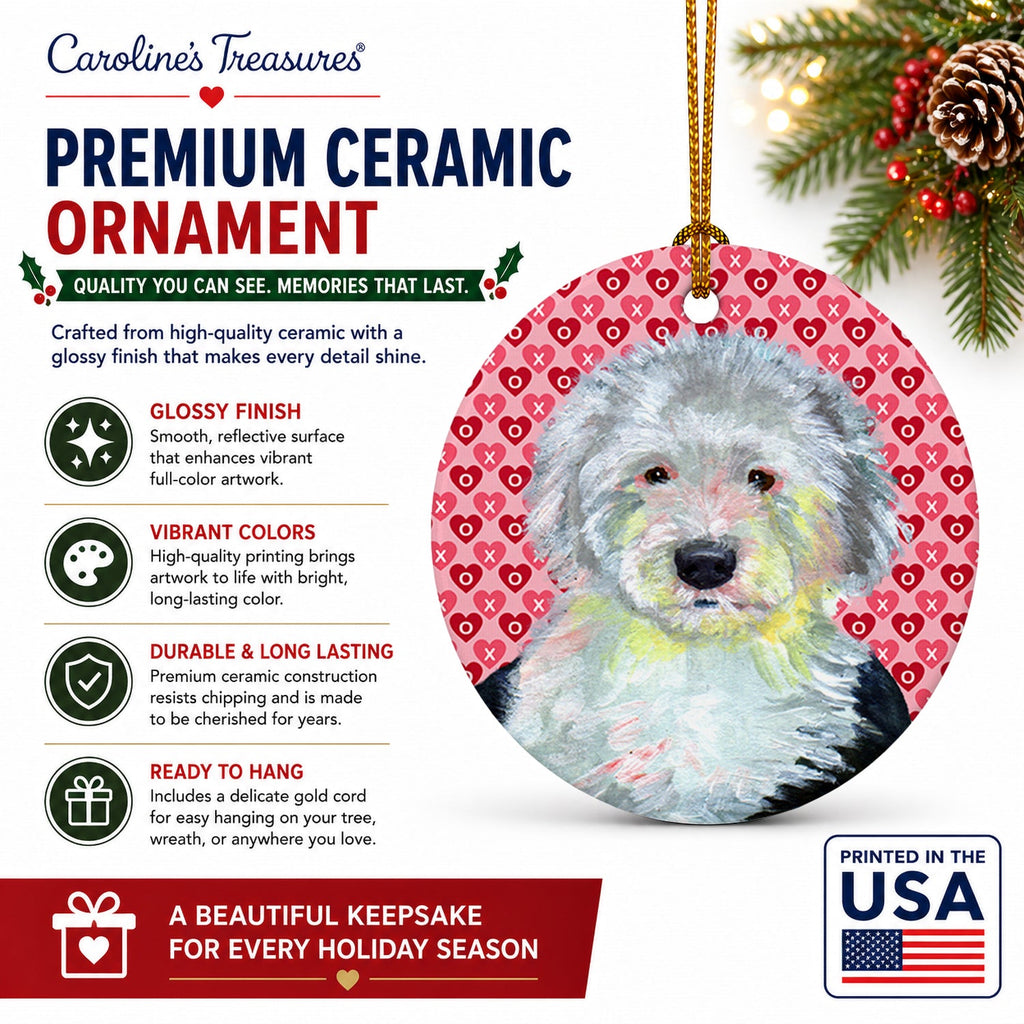 Old English Sheepdog Hearts Love and Valentine's Day Portrait Ceramic Ornament Christmas Tree Hanging Decorations for Home Christmas Holiday, Party, Gift, 3 in, Multicolor