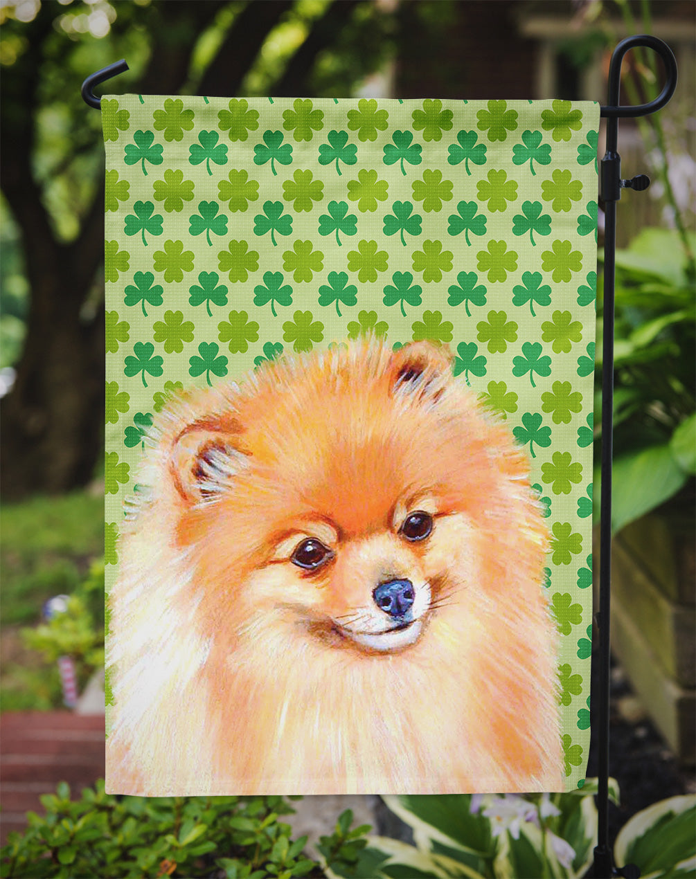 Pomeranian St. Patrick's Day Shamrock Portrait Garden Flag Mailbox Decorative Yard Banner Outside Patio Artwork for Flower Beds, Garden Size, Multicolor