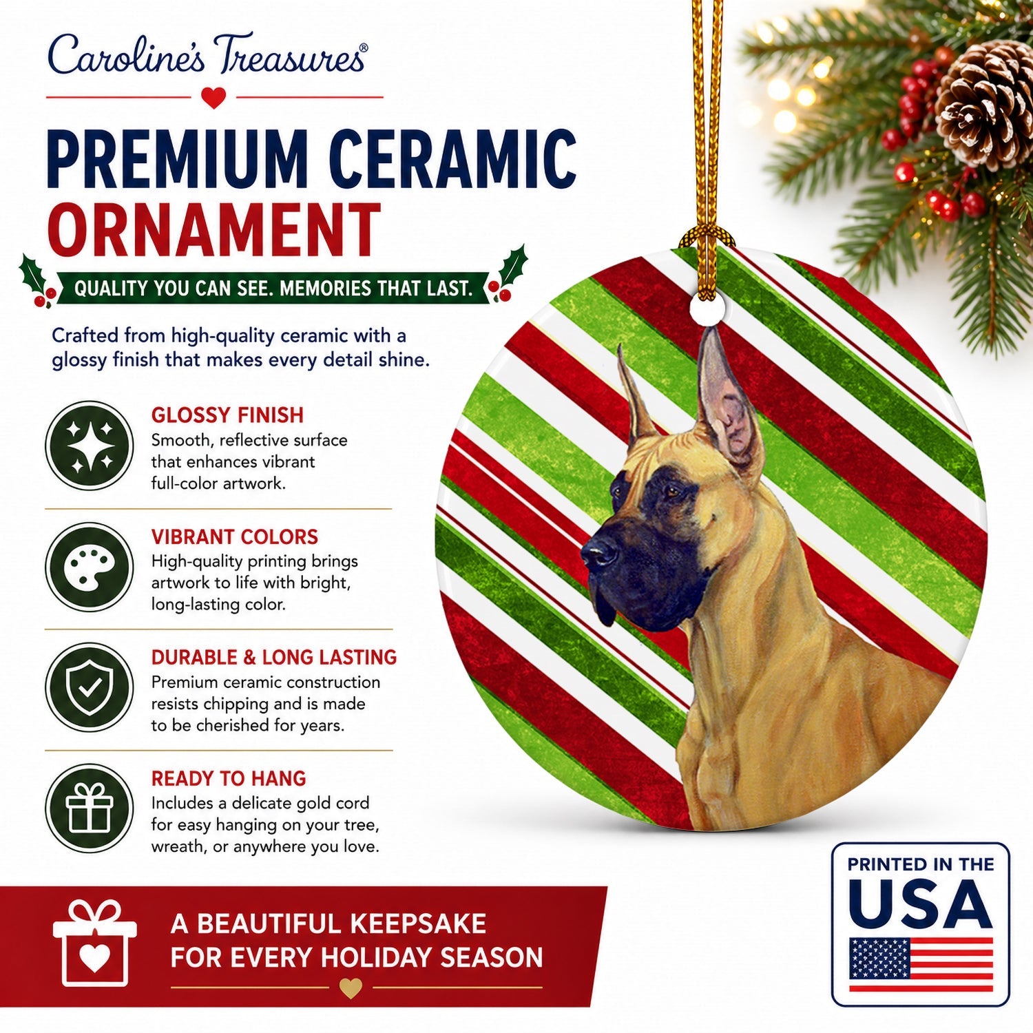 Great Dane Candy Cane Holiday Christmas Ceramic Ornament Christmas Tree Hanging Decorations for Home Christmas Holiday, Party, Gift, 3 in, Multicolor