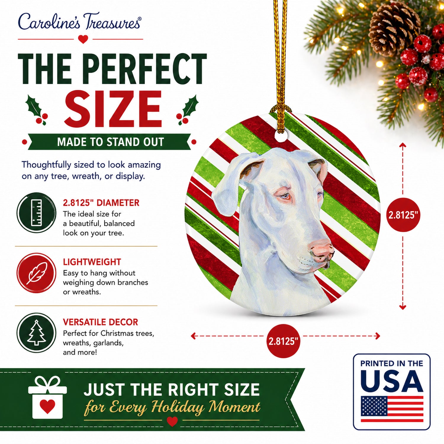 Great Dane Candy Cane Holiday Christmas Ceramic Ornament Christmas Tree Hanging Decorations for Home Christmas Holiday, Party, Gift, 3 in, Multicolor