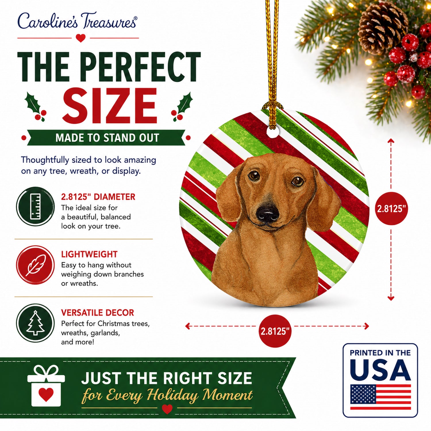 Dachshund Candy Cane Holiday Christmas Ceramic Ornament Christmas Tree Hanging Decorations for Home Christmas Holiday, Party, Gift, 3 in, Multicolor