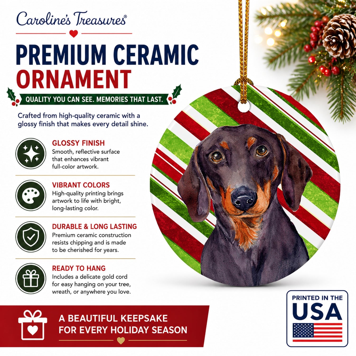 Dachshund Candy Cane Holiday Christmas Ceramic Ornament Christmas Tree Hanging Decorations for Home Christmas Holiday, Party, Gift, 3 in, Multicolor