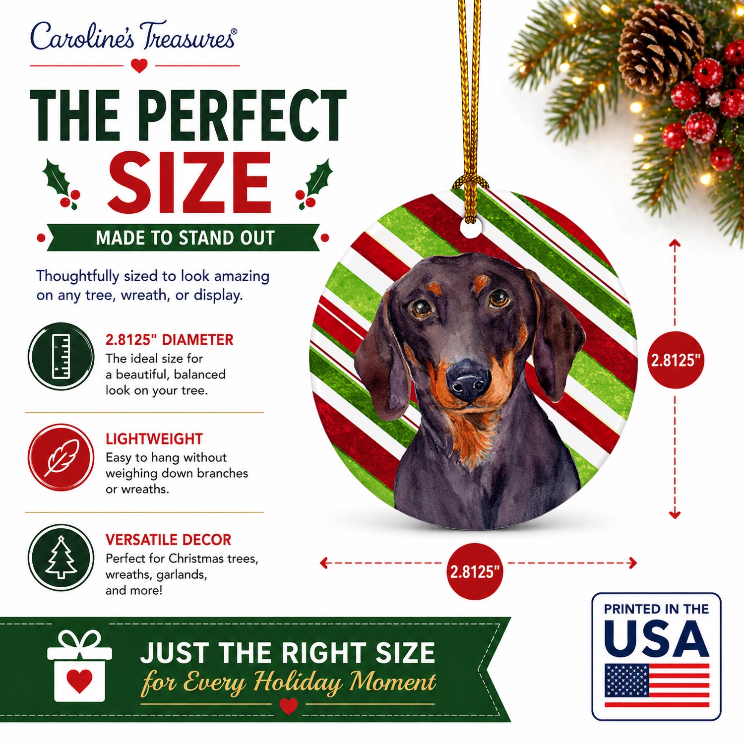 Dachshund Candy Cane Holiday Christmas Ceramic Ornament Christmas Tree Hanging Decorations for Home Christmas Holiday, Party, Gift, 3 in, Multicolor
