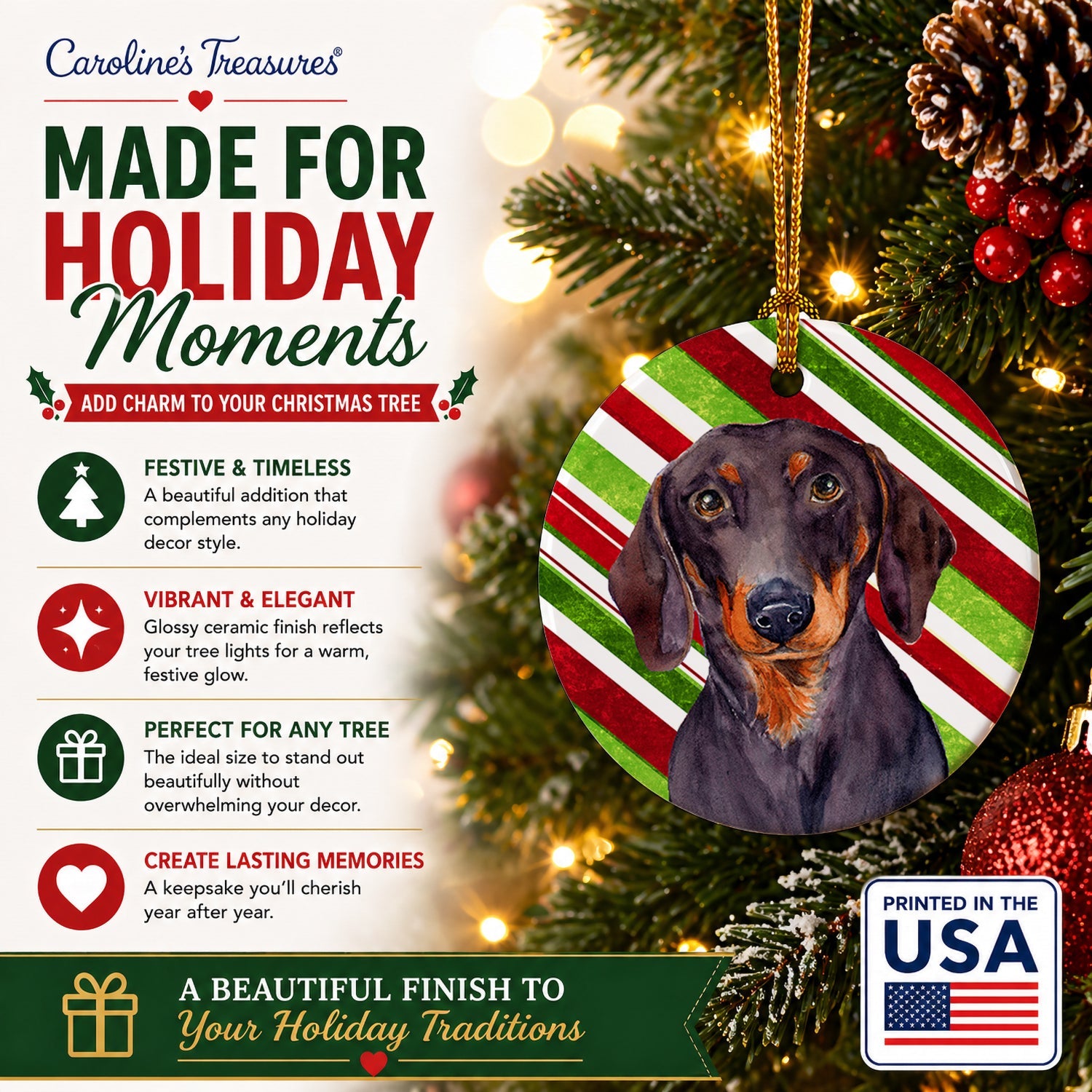 Dachshund Candy Cane Holiday Christmas Ceramic Ornament Christmas Tree Hanging Decorations for Home Christmas Holiday, Party, Gift, 3 in, Multicolor