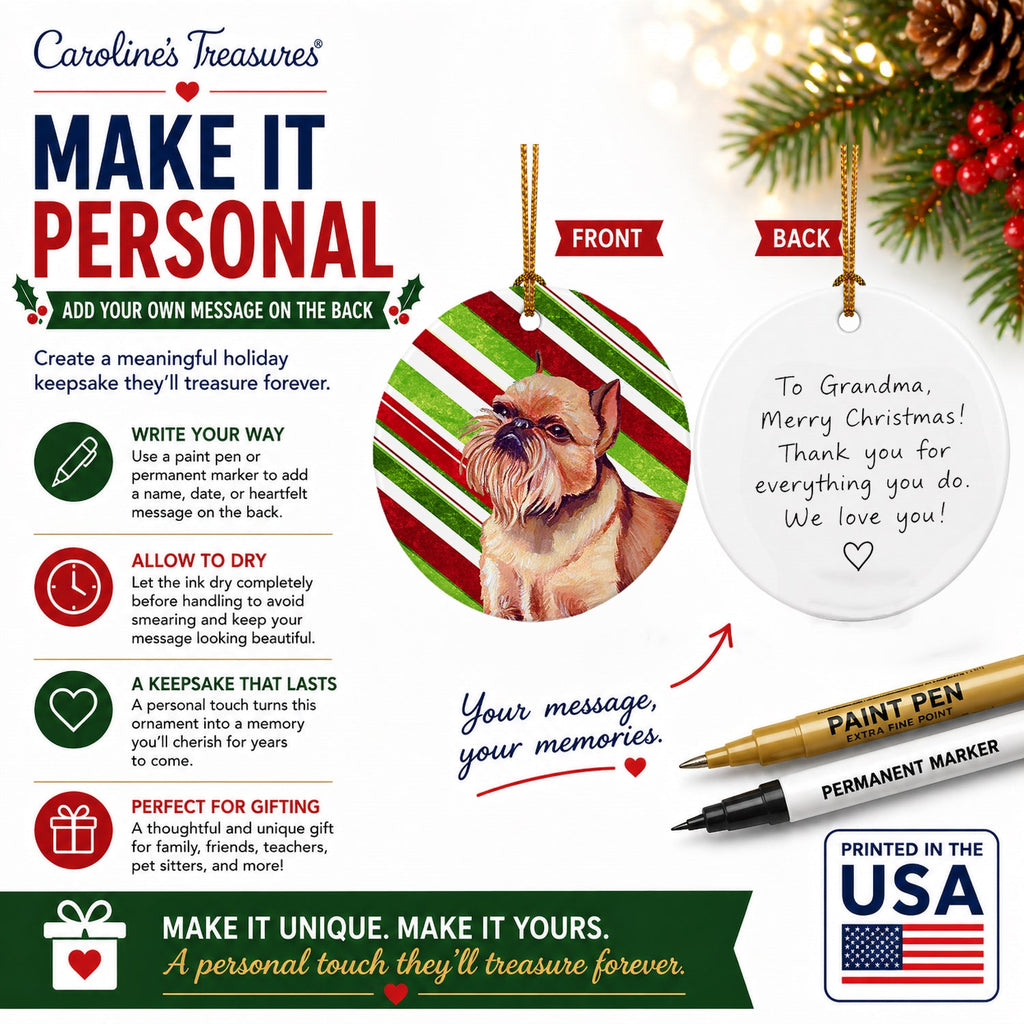 Brussels Griffon Candy Cane Holiday Christmas Ceramic Ornament Christmas Tree Hanging Decorations for Home Christmas Holiday, Party, Gift, 3 in, Multicolor