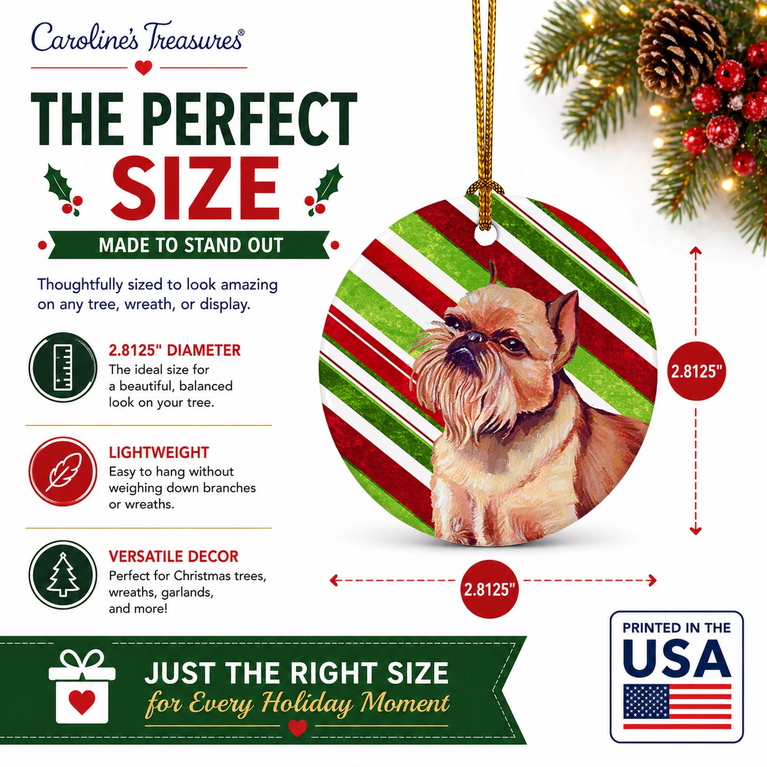 Brussels Griffon Candy Cane Holiday Christmas Ceramic Ornament Christmas Tree Hanging Decorations for Home Christmas Holiday, Party, Gift, 3 in, Multicolor
