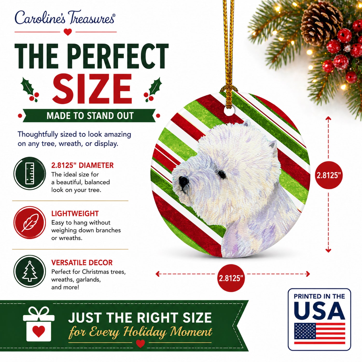 Westie Candy Cane Holiday Christmas Ceramic Ornament Christmas Tree Hanging Decorations for Home Christmas Holiday, Party, Gift, 3 in, Multicolor