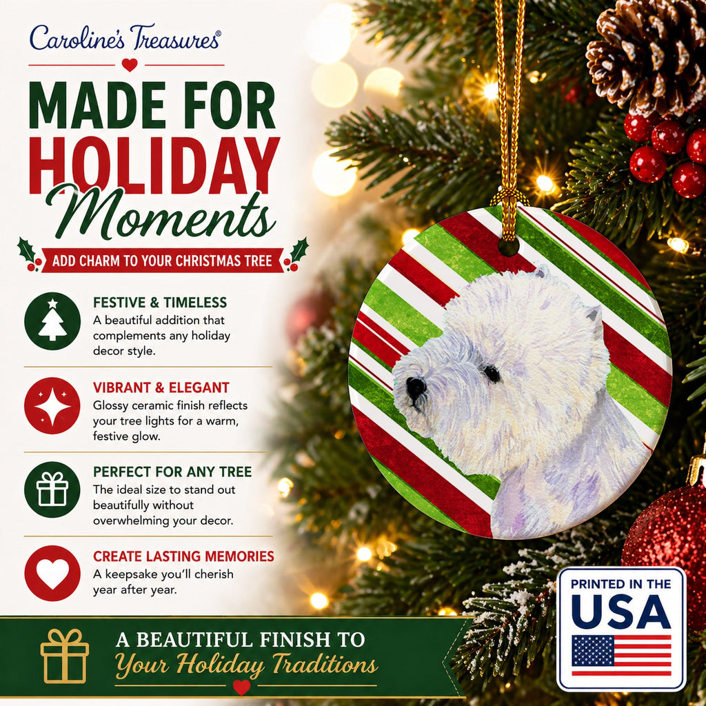 Westie Candy Cane Holiday Christmas Ceramic Ornament Christmas Tree Hanging Decorations for Home Christmas Holiday, Party, Gift, 3 in, Multicolor