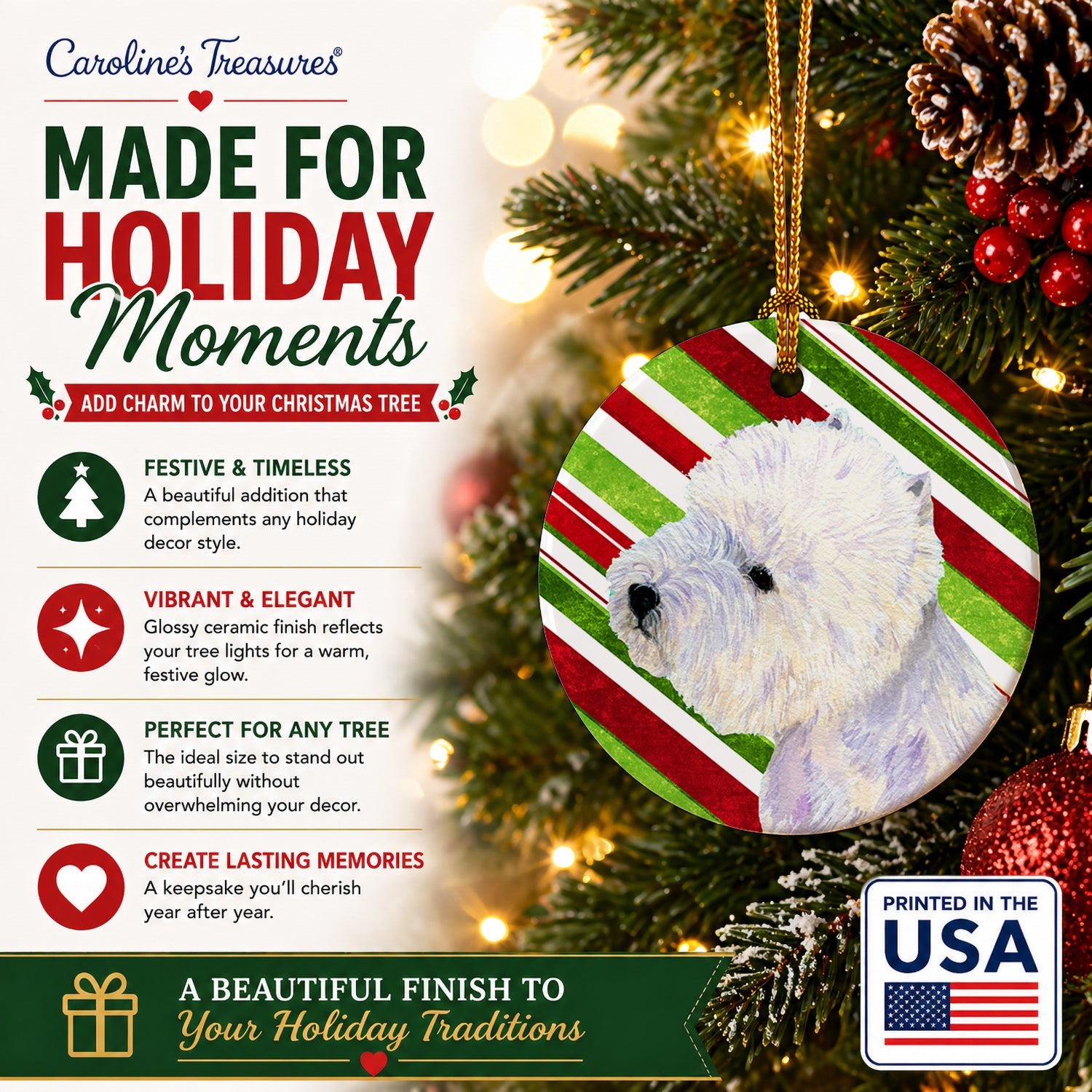 Westie Candy Cane Holiday Christmas Ceramic Ornament Christmas Tree Hanging Decorations for Home Christmas Holiday, Party, Gift, 3 in, Multicolor