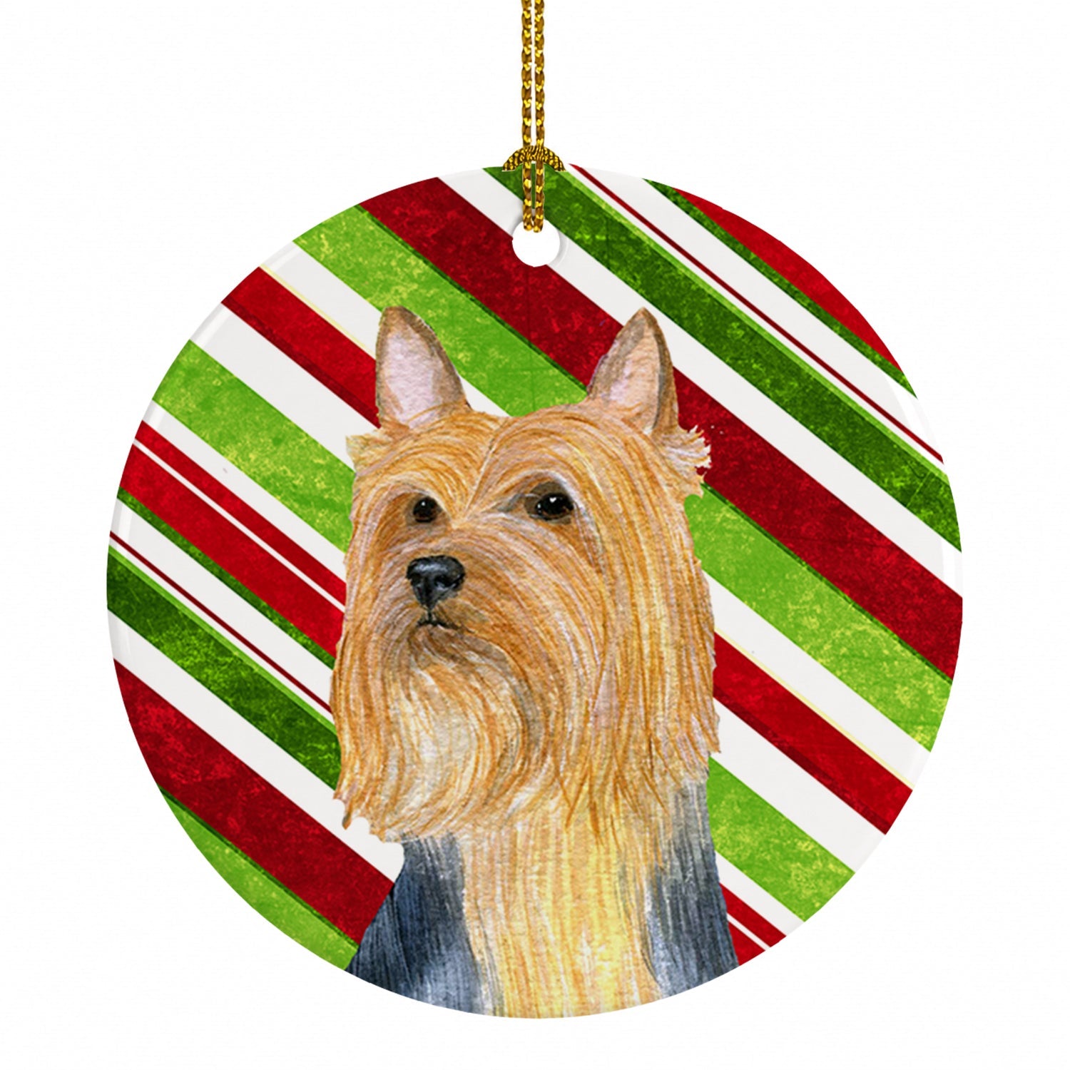 Silky Terrier Candy Cane Holiday Christmas Ceramic Ornament Christmas Tree Hanging Decorations for Home Christmas Holiday, Party, Gift, 3 in, Multicolor