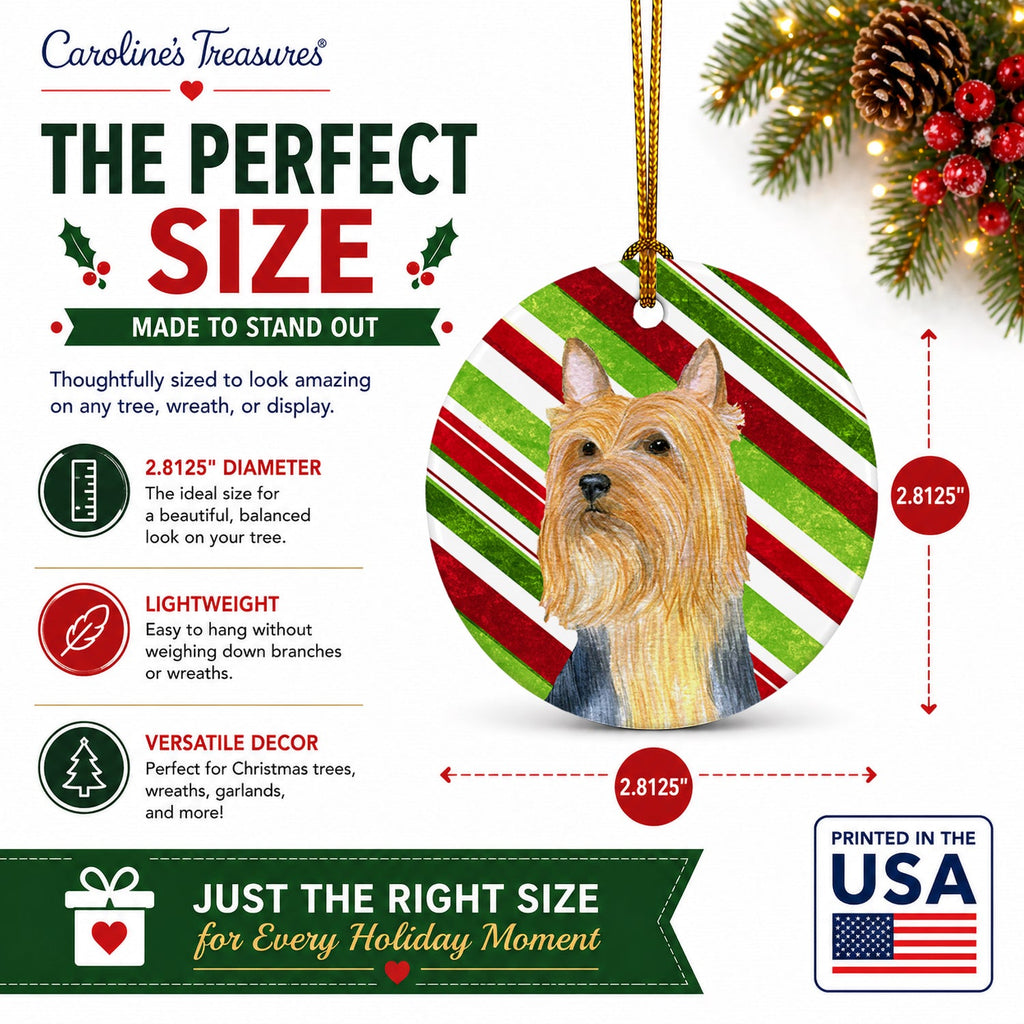 Silky Terrier Candy Cane Holiday Christmas Ceramic Ornament Christmas Tree Hanging Decorations for Home Christmas Holiday, Party, Gift, 3 in, Multicolor