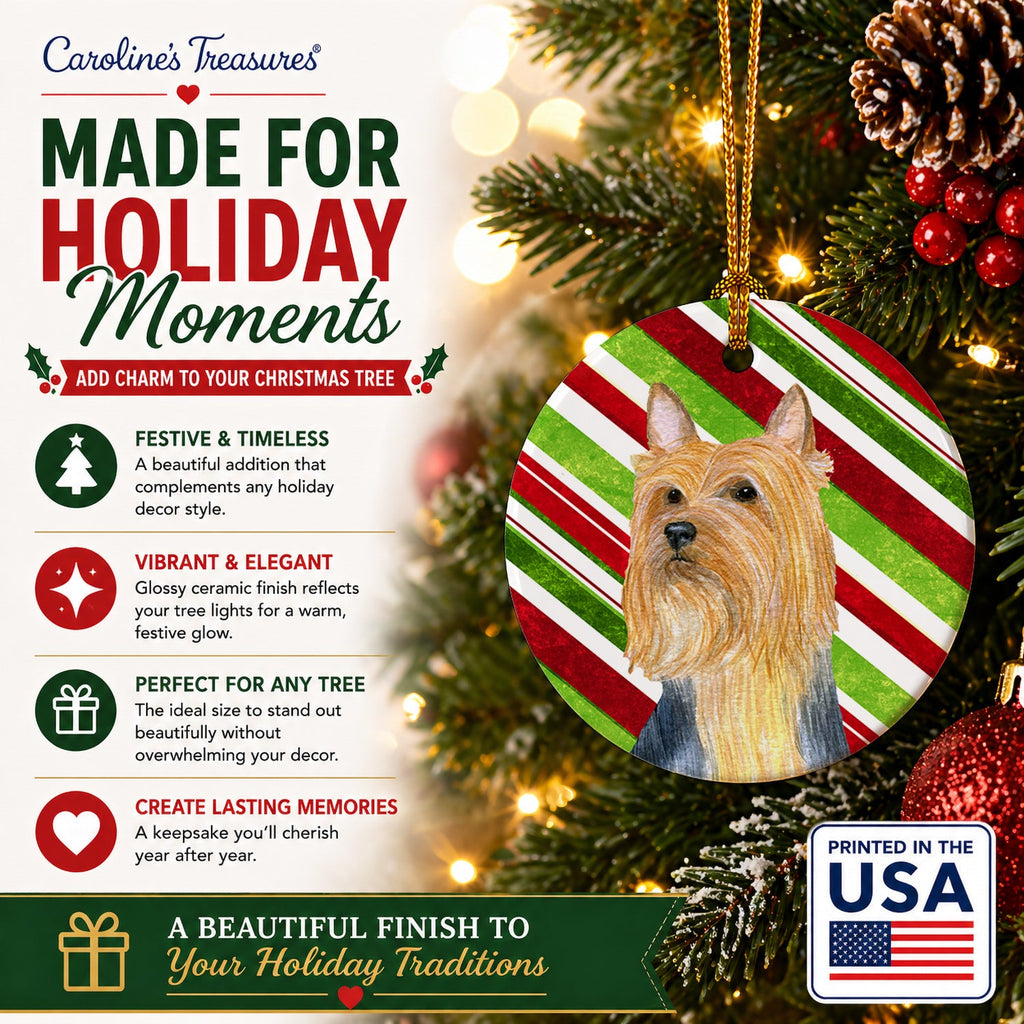 Silky Terrier Candy Cane Holiday Christmas Ceramic Ornament Christmas Tree Hanging Decorations for Home Christmas Holiday, Party, Gift, 3 in, Multicolor