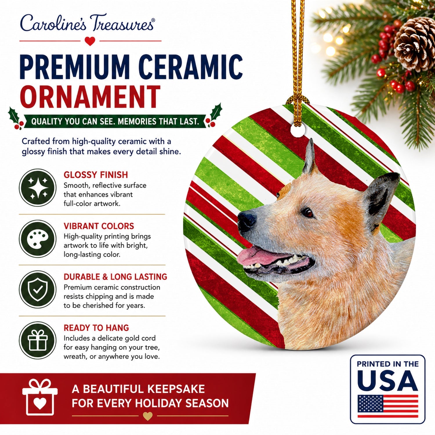 Australian Cattle Dog Candy Cane Holiday Christmas Ceramic Ornament Christmas Tree Hanging Decorations for Home Christmas Holiday, Party, Gift, 3 in, Multicolor