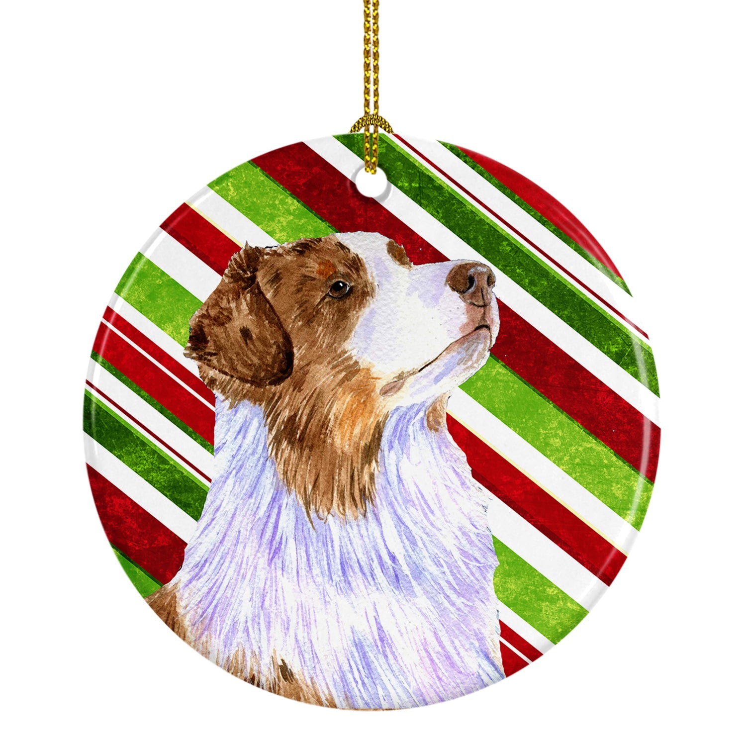 Australian Shepherd Candy Cane Holiday Christmas Ceramic Ornament Christmas Tree Hanging Decorations for Home Christmas Holiday, Party, Gift, 3 in, Multicolor