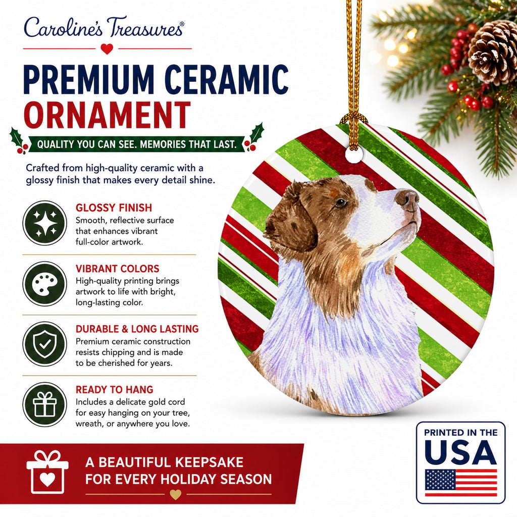 Australian Shepherd Candy Cane Holiday Christmas Ceramic Ornament Christmas Tree Hanging Decorations for Home Christmas Holiday, Party, Gift, 3 in, Multicolor