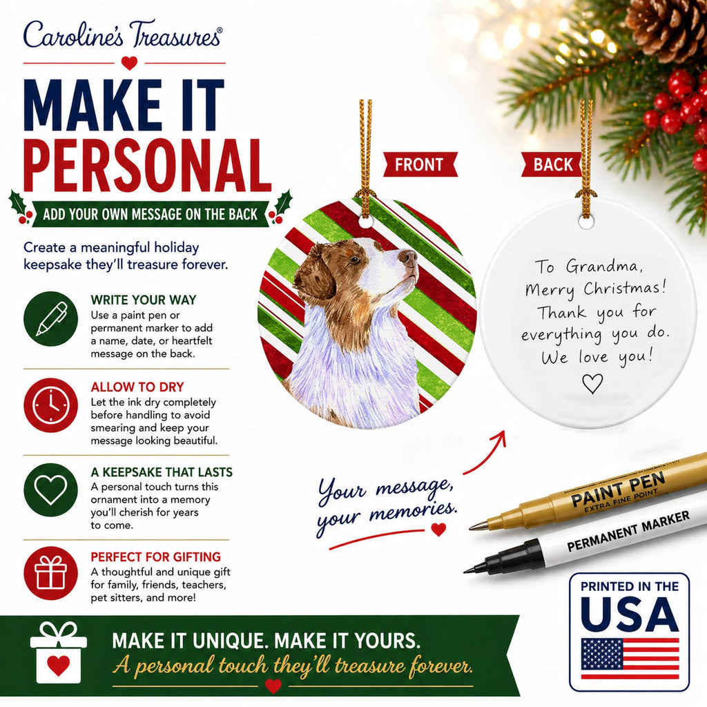 Australian Shepherd Candy Cane Holiday Christmas Ceramic Ornament Christmas Tree Hanging Decorations for Home Christmas Holiday, Party, Gift, 3 in, Multicolor