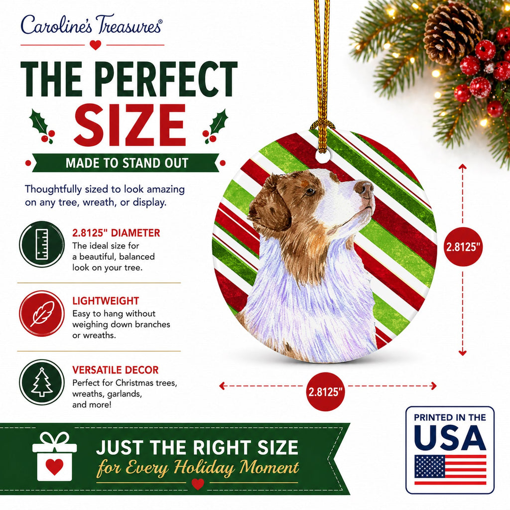 Australian Shepherd Candy Cane Holiday Christmas Ceramic Ornament Christmas Tree Hanging Decorations for Home Christmas Holiday, Party, Gift, 3 in, Multicolor