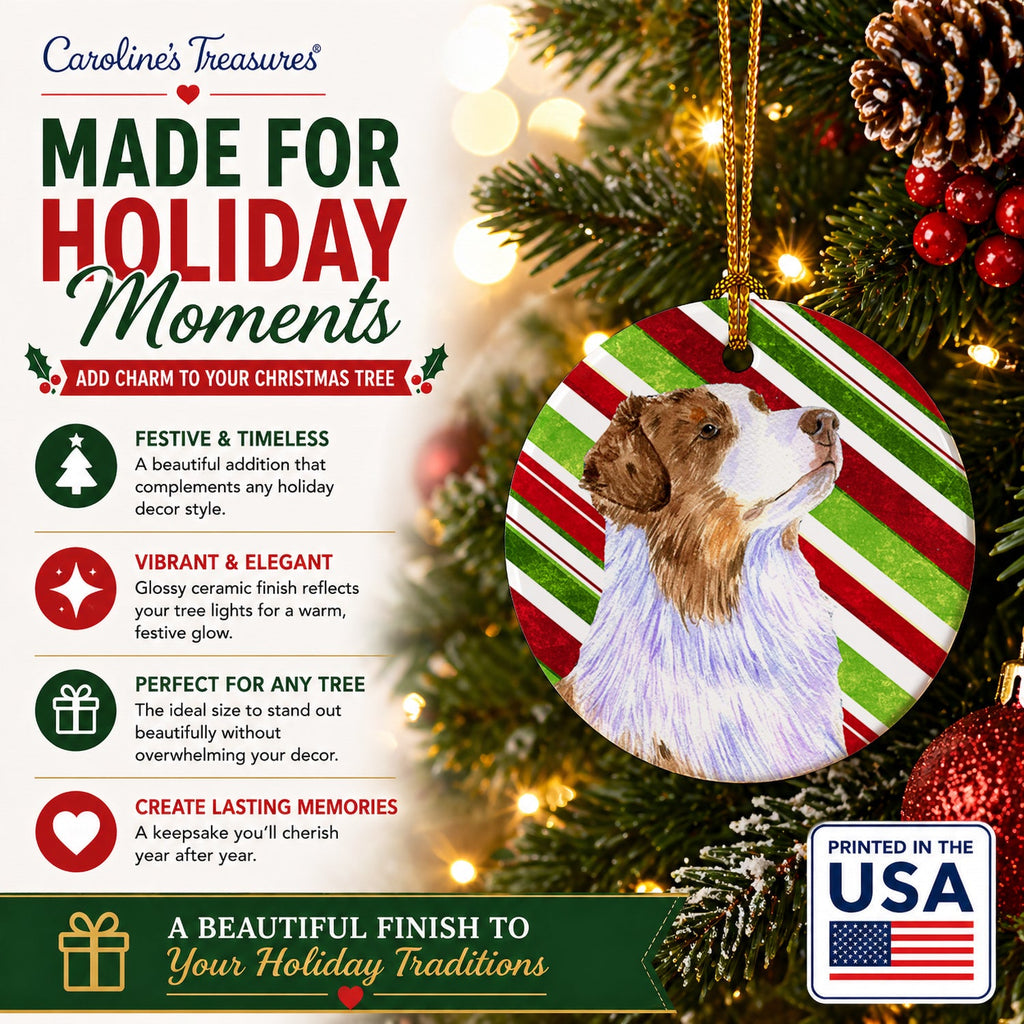 Australian Shepherd Candy Cane Holiday Christmas Ceramic Ornament Christmas Tree Hanging Decorations for Home Christmas Holiday, Party, Gift, 3 in, Multicolor