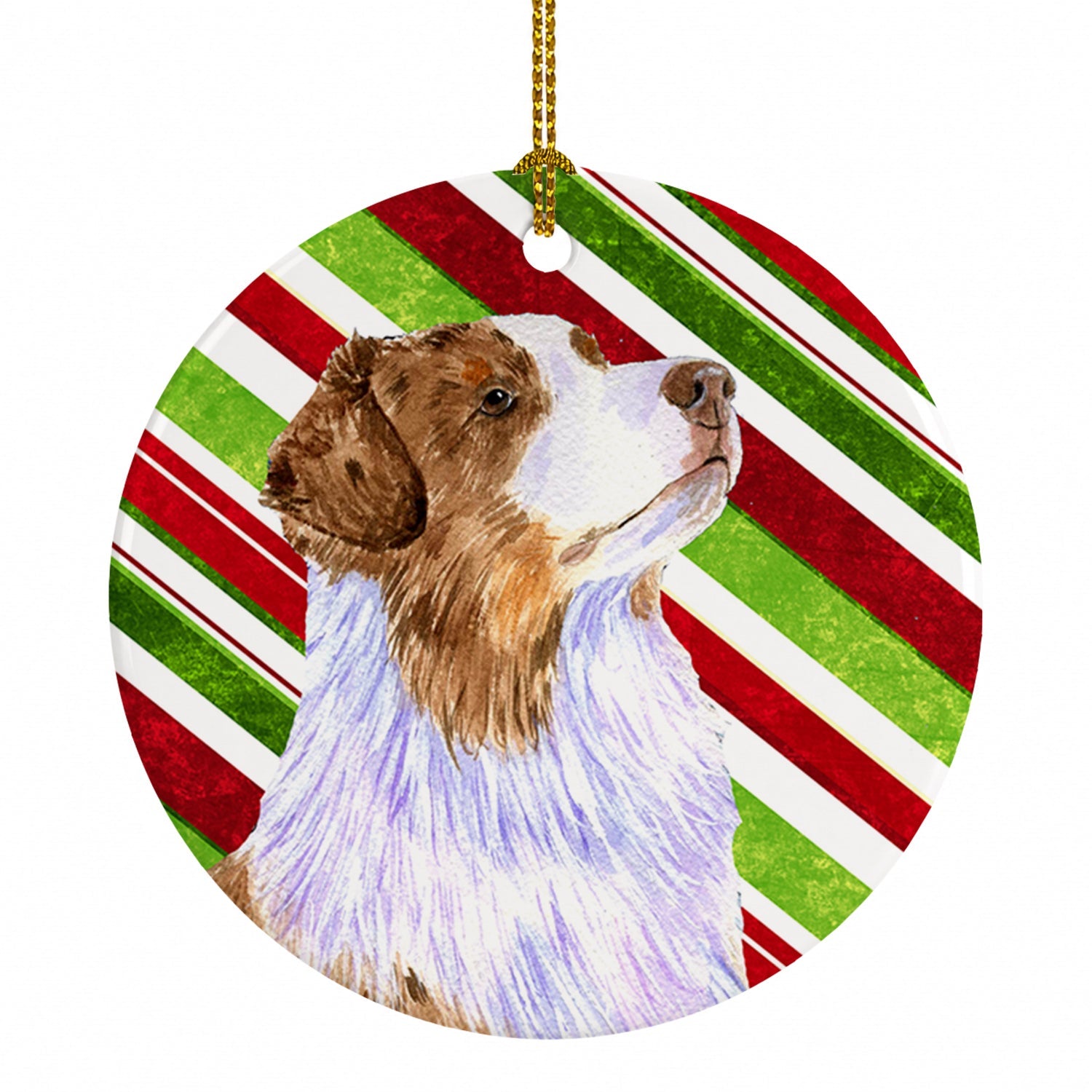 Australian Shepherd Candy Cane Holiday Christmas Ceramic Ornament Christmas Tree Hanging Decorations for Home Christmas Holiday, Party, Gift, 3 in, Multicolor
