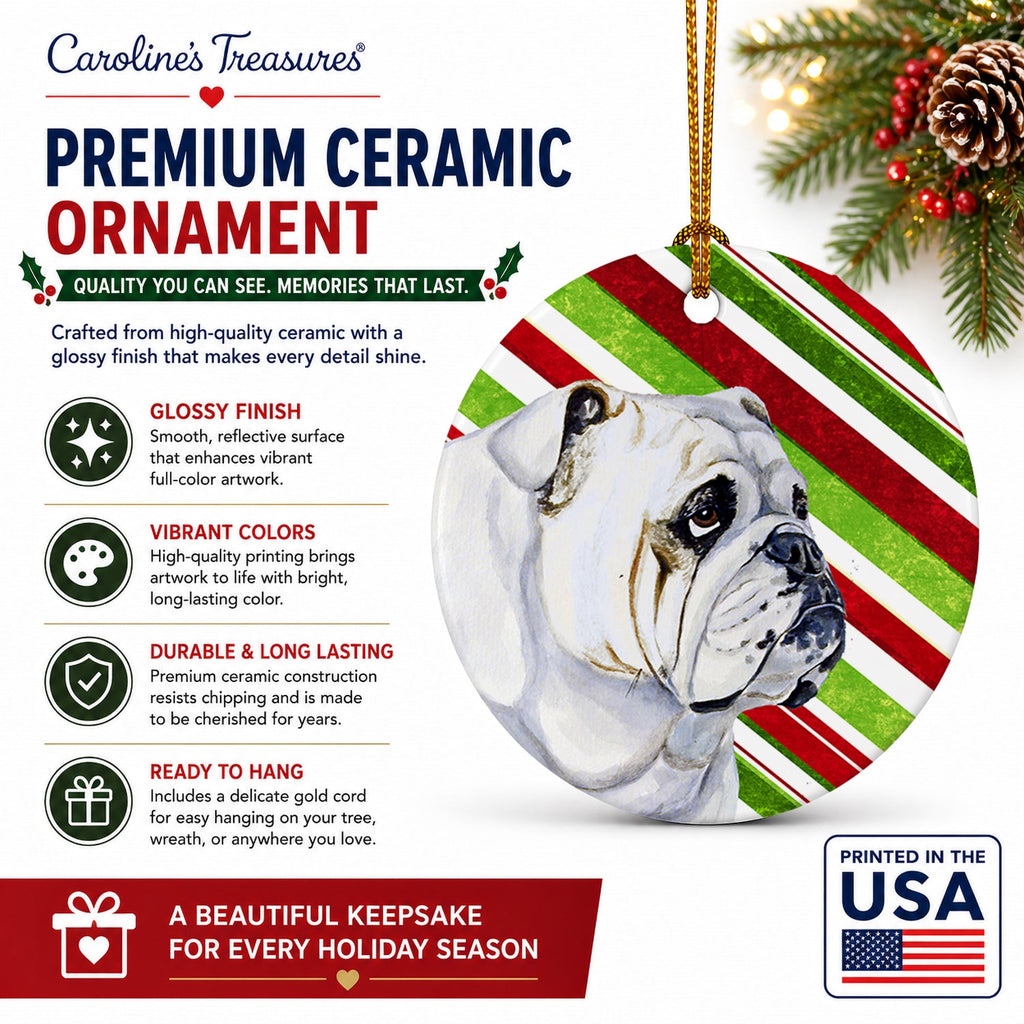 Bulldog English Candy Cane Holiday Christmas Ceramic Ornament Christmas Tree Hanging Decorations for Home Christmas Holiday, Party, Gift, 3 in, Multicolor