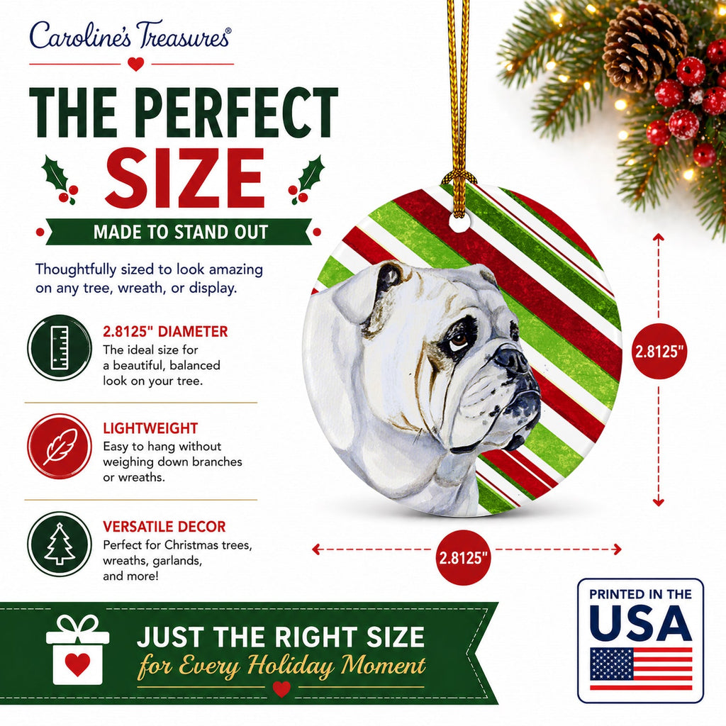 Bulldog English Candy Cane Holiday Christmas Ceramic Ornament Christmas Tree Hanging Decorations for Home Christmas Holiday, Party, Gift, 3 in, Multicolor