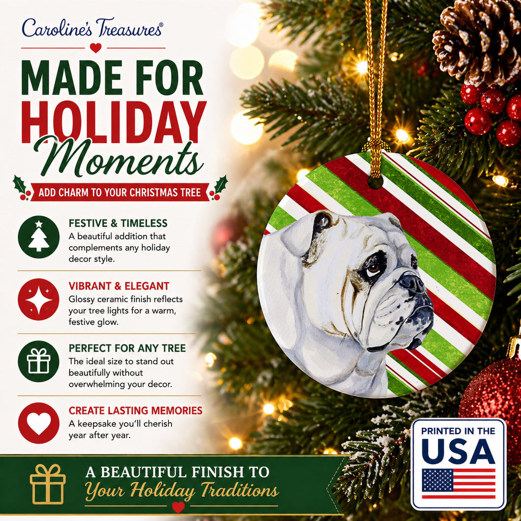 Bulldog English Candy Cane Holiday Christmas Ceramic Ornament Christmas Tree Hanging Decorations for Home Christmas Holiday, Party, Gift, 3 in, Multicolor