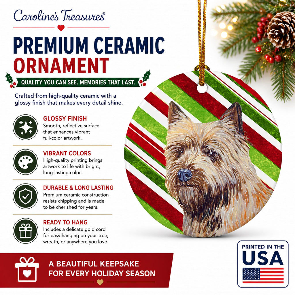 Cairn Terrier Candy Cane Holiday Christmas Ceramic Ornament Christmas Tree Hanging Decorations for Home Christmas Holiday, Party, Gift, 3 in, Multicolor