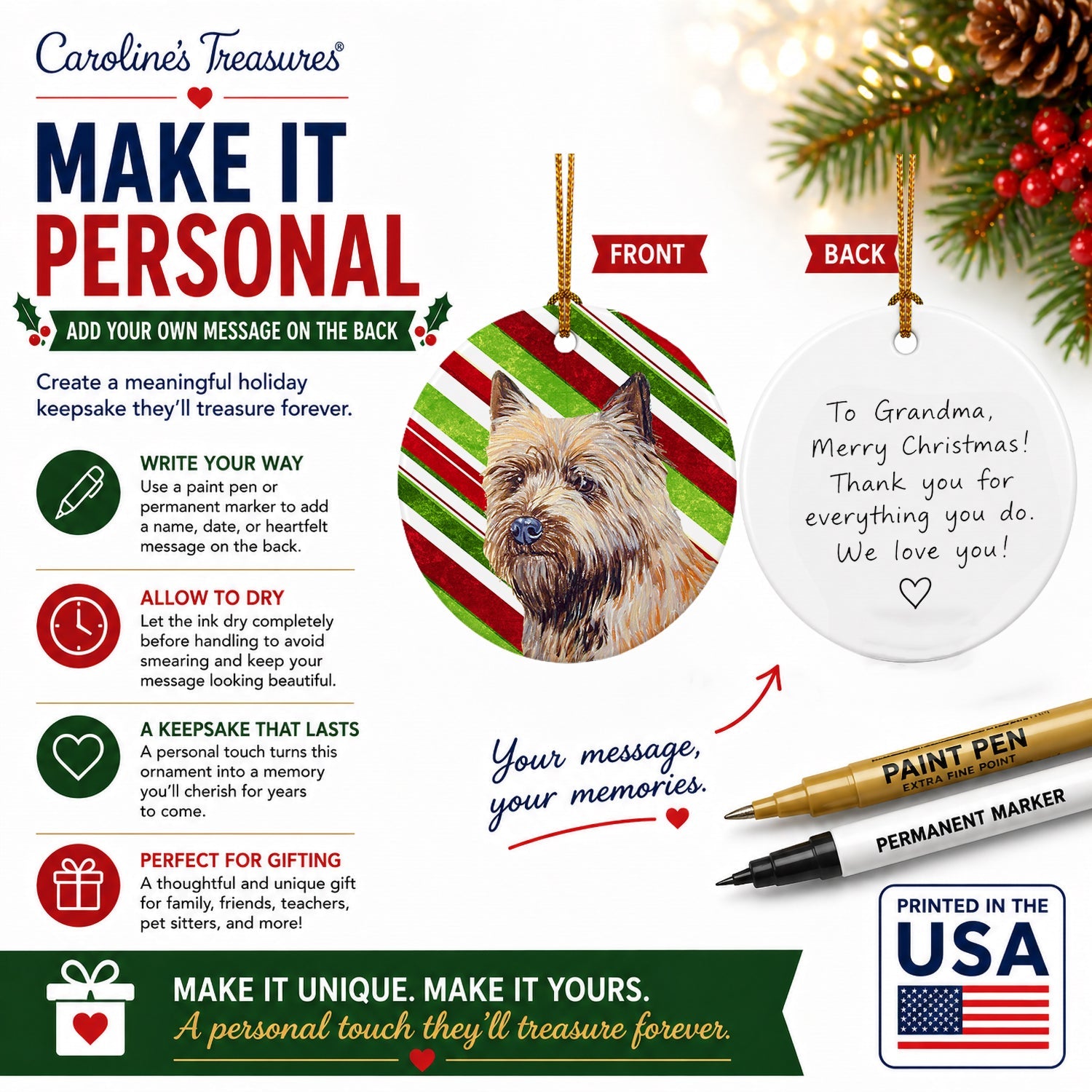Cairn Terrier Candy Cane Holiday Christmas Ceramic Ornament Christmas Tree Hanging Decorations for Home Christmas Holiday, Party, Gift, 3 in, Multicolor