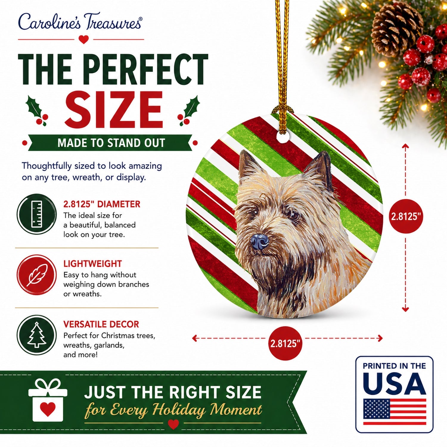 Cairn Terrier Candy Cane Holiday Christmas Ceramic Ornament Christmas Tree Hanging Decorations for Home Christmas Holiday, Party, Gift, 3 in, Multicolor