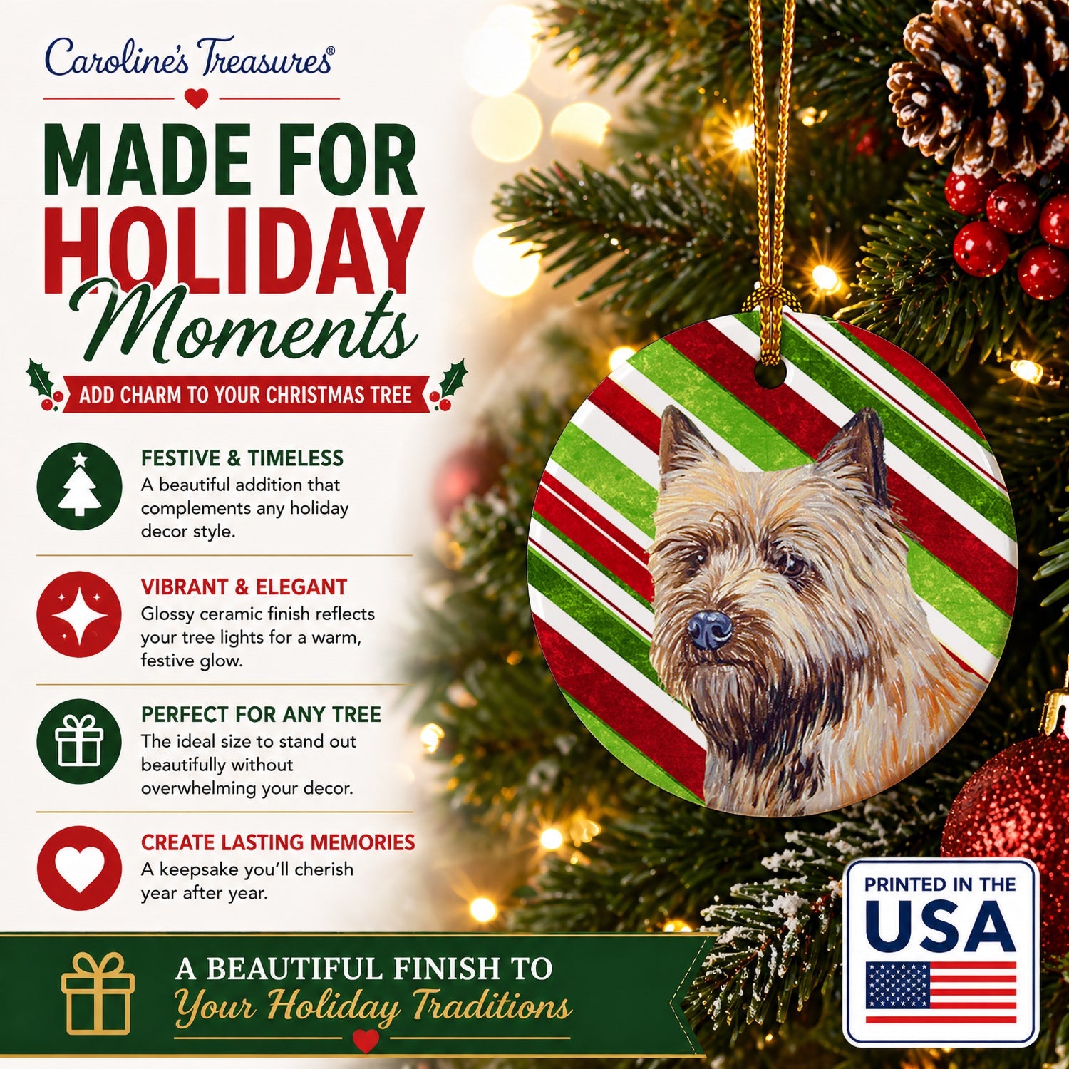 Cairn Terrier Candy Cane Holiday Christmas Ceramic Ornament Christmas Tree Hanging Decorations for Home Christmas Holiday, Party, Gift, 3 in, Multicolor