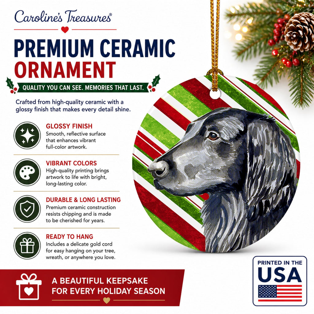 Flat Coated Retriever Candy Cane Holiday Christmas Ceramic Ornament Christmas Tree Hanging Decorations for Home Christmas Holiday, Party, Gift, 3 in, Multicolor