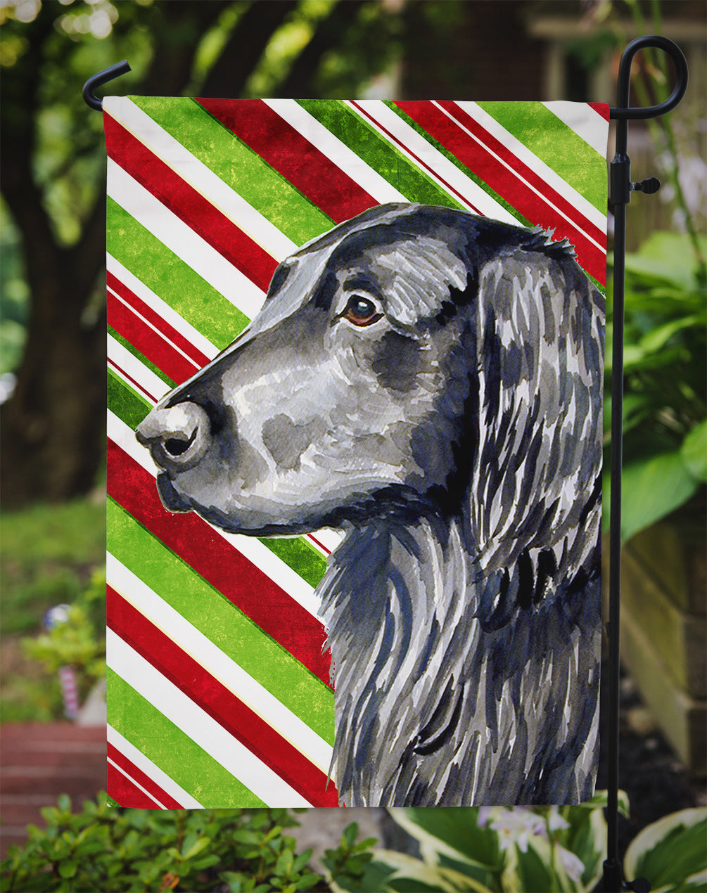 Flat Coated Retriever Candy Cane Holiday Christmas Garden Flag Mailbox Decorative Yard Banner Outside Patio Artwork for Flower Beds, Garden Size, Multicolor