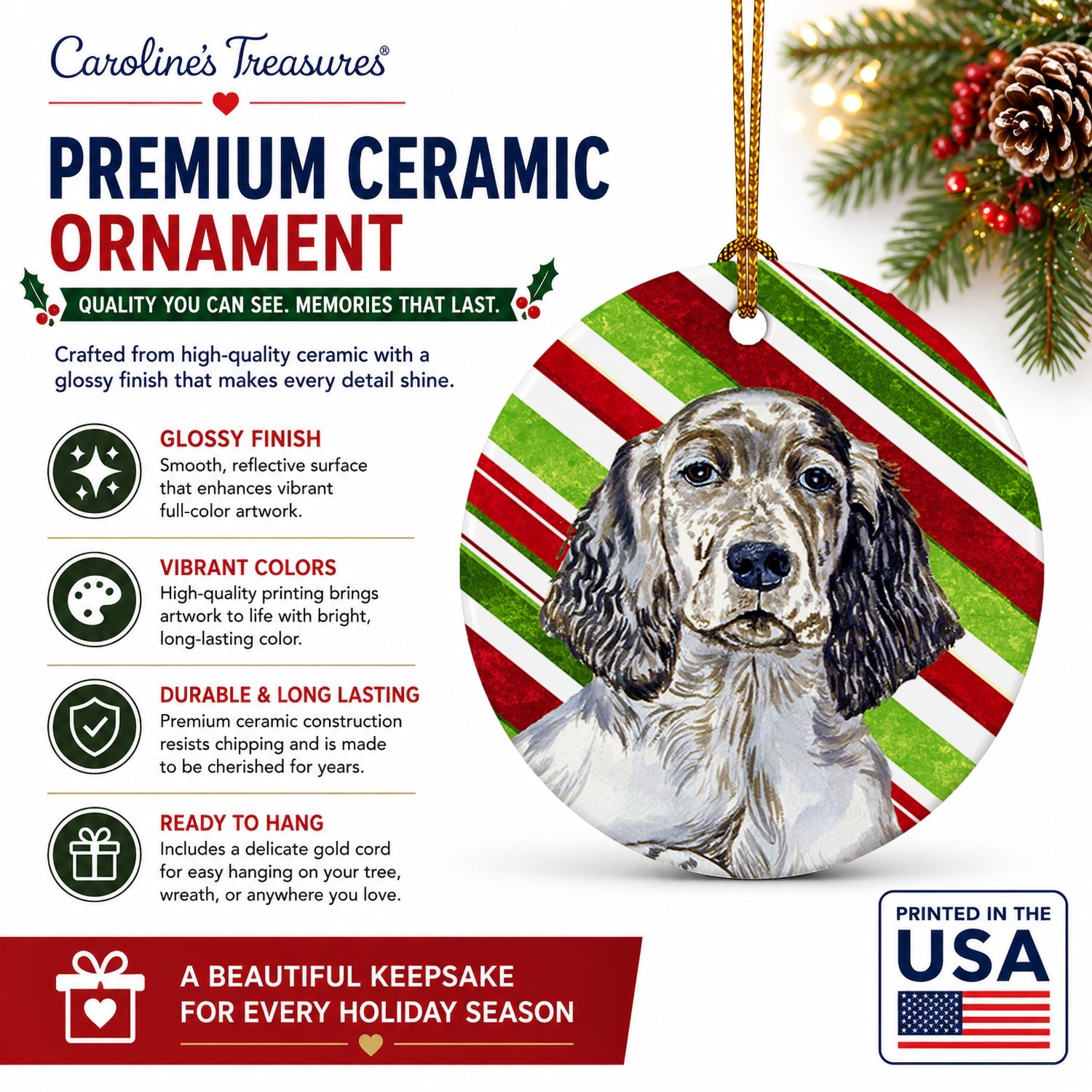 English Setter Candy Cane Holiday Christmas Ceramic Ornament Christmas Tree Hanging Decorations for Home Christmas Holiday, Party, Gift, 3 in, Multicolor