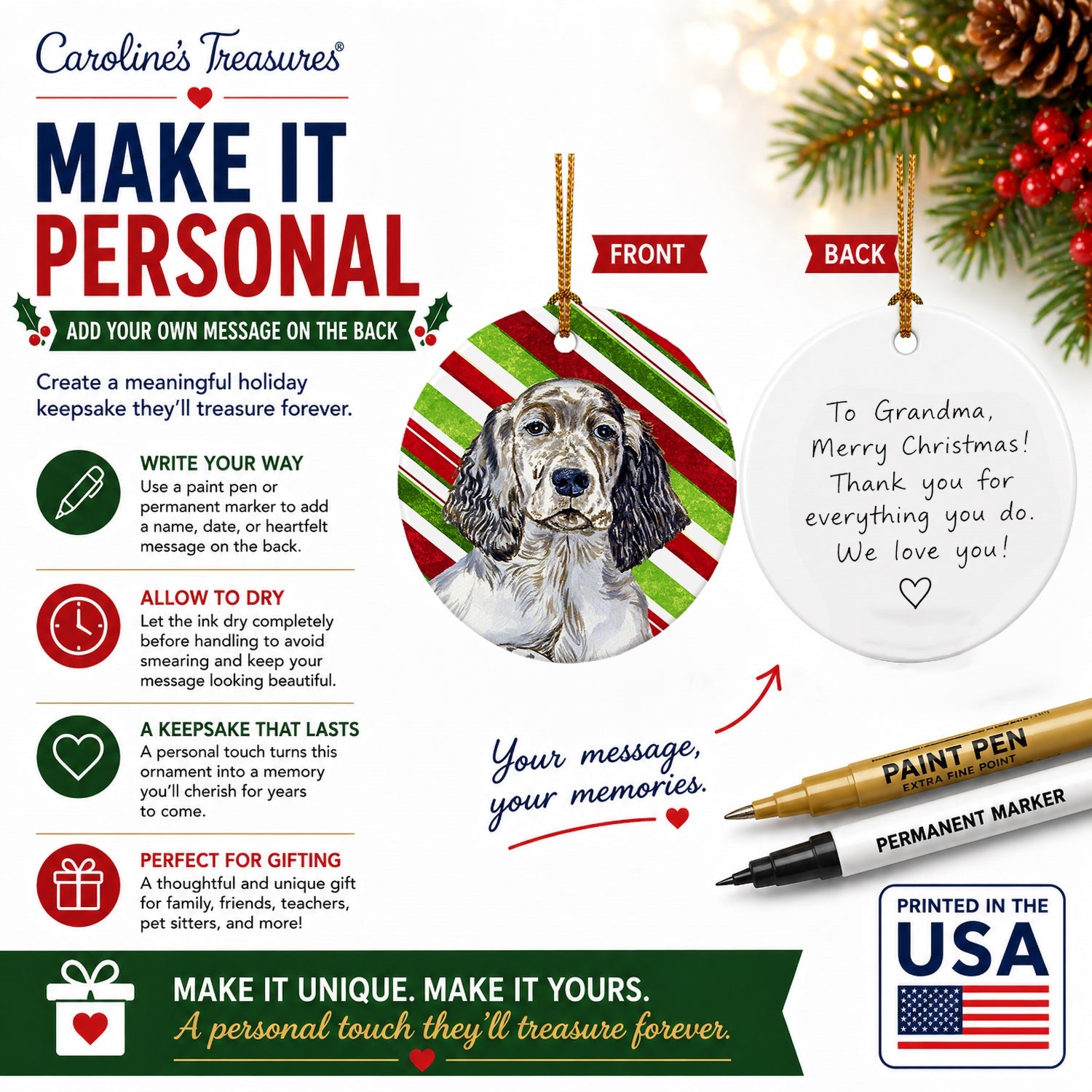 English Setter Candy Cane Holiday Christmas Ceramic Ornament Christmas Tree Hanging Decorations for Home Christmas Holiday, Party, Gift, 3 in, Multicolor