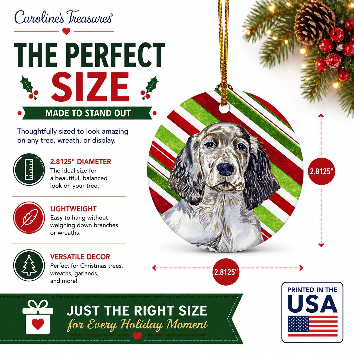 English Setter Candy Cane Holiday Christmas Ceramic Ornament Christmas Tree Hanging Decorations for Home Christmas Holiday, Party, Gift, 3 in, Multicolor