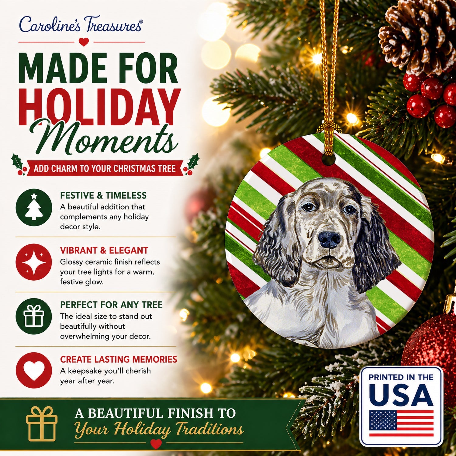English Setter Candy Cane Holiday Christmas Ceramic Ornament Christmas Tree Hanging Decorations for Home Christmas Holiday, Party, Gift, 3 in, Multicolor