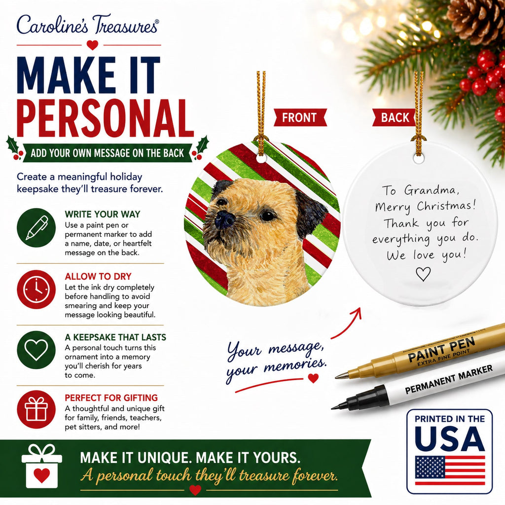 Border Terrier Candy Cane Holiday Christmas Ceramic Ornament Christmas Tree Hanging Decorations for Home Christmas Holiday, Party, Gift, 3 in, Multicolor