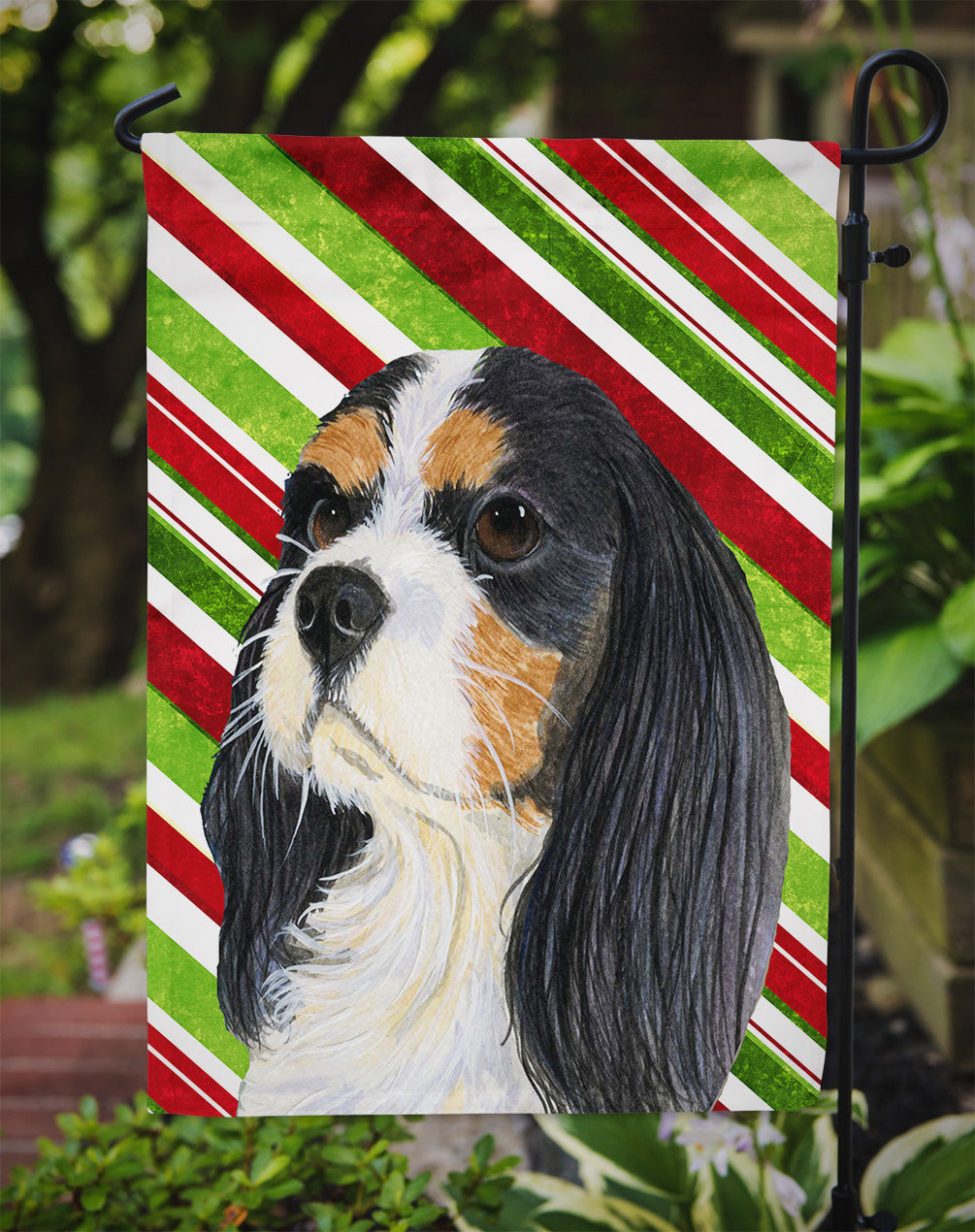 Cavalier Spaniel Candy Cane Holiday Christmas Garden Flag Mailbox Decorative Yard Banner Outside Patio Artwork for Flower Beds, Garden Size, Multicolor